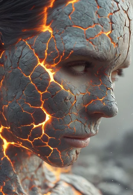 a close up of a person's face on a cracked surface, inspired by Alberto Seveso, featured on zbrush central, portrait of an android, fractal human silhouette, realistic 3 d render, subject made of cracked skin, woman, made of lava