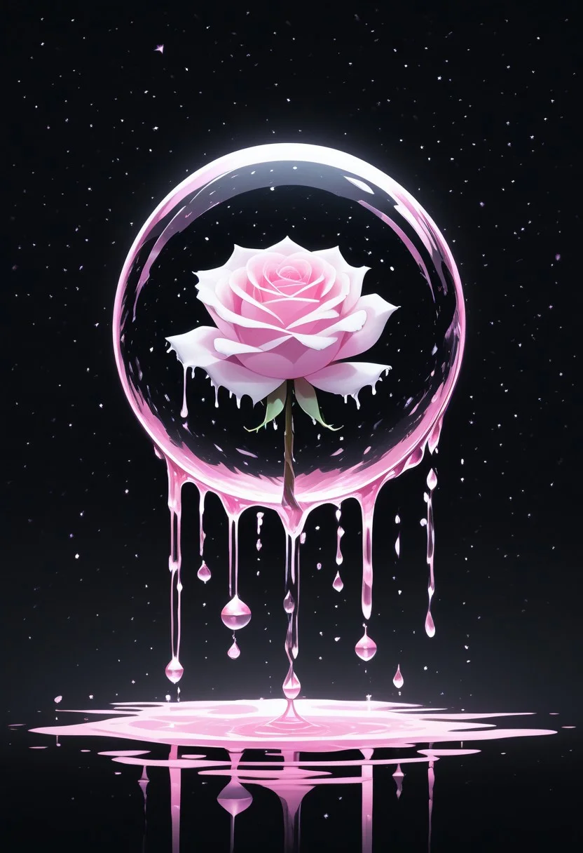 (masterpiece), best quality, Anime, Illustration, (Floating Sphere, Crystal, Magic, Reflection, Melting, Dripping, Pink Rose), Black Background, No Humans, Starry Theme, (Light Refraction), White and Pink Theme, Natural Lighting, Verynsty
