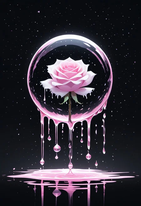 (masterpiece), best quality, Anime, Illustration, (Floating Sphere, Crystal, Magic, Reflection, Melting, Dripping, Pink Rose), Black Background, No Humans, Starry Theme, (Light Refraction), White and Pink Theme, Natural Lighting, Verynsty