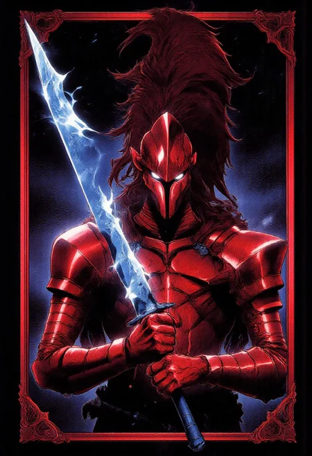 A design of a knight in red armor holding a large blue glowing sword at his side on a black background. It is bordered by a red ornate medieval frame. (Uncropped), (in frame), BRSH, !gris imposing presence, powerful aura, cowboy shot