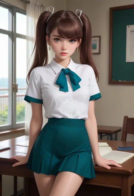 cowboy shot, view legs, sitting on the desk,
score_9, score_8_up, score_7_up, (masterpiece, Highest quality:1.4), (beautiful, beautiful, perfection, delicate, Complex:1.2),(Depth of written border:1.2), Realistic Face:1.1, hand,
1Girl,
(petite:1.2)
nanase_under_night_in-birth, twintails, brown_hair, green_eyes, long_hair, hair_ribbon, school_uniform, pleated_skirt, short_sleeves, green_skirt
, earrings, lips,
,
break,
School, faculty room, desks, chairs, , cowboy shot, view legs, standing,
An appearance of worry, melancholy, view from side, anatomically correct,