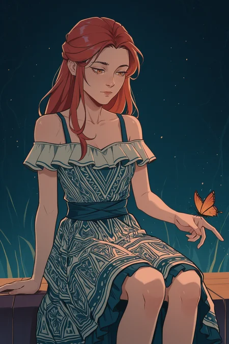 Young woman, looks at the one butterfly, wears patterned layered dress,
One butterfly sits on her finger,
cthulhuseeker, 
<lora:Cthulhuseeker-illustrious:1>