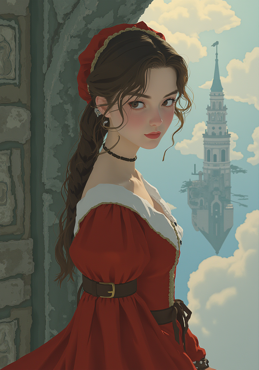 g00se art with smooth textureless style with muted pastel palette of a portrait of a young woman, medieval, occult detective, floating sky fortress, deciphering an ancient code<lora:g00se.safetensors:1.0:1.0>
