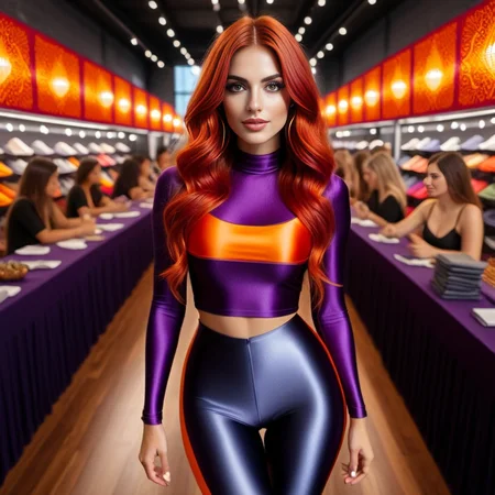 appliqu style, layered fabric, colorful, patterned, textured elegant digital painting, the image portrays a striking digital art piece. at the center of the composition, one south american women, the image captures a vibrant and festive atmosphere with a 24 year old adult woman at its center. she is dressed in an eye catching ((satin)) dark purple top paired with shiny red and black spandex_leggings, beautiful long red and orange hair <lora:add-detail-xl:2>
<lora:spandex_leggings_v1:1.4>