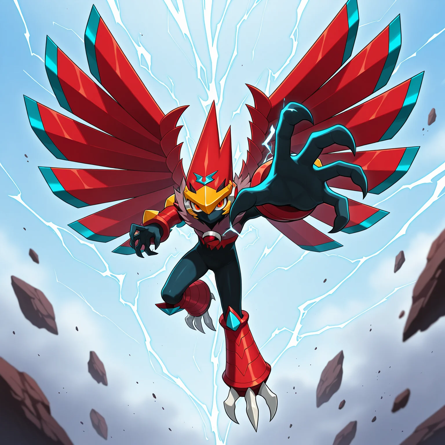 masterpiece,best quality,amazing quality,megaman.exe,falzar \(mega man\),talons,solo,beak,wings,red eyes,electricity,full body,claws,forehead jewel\(falzar\),looking at viewer,debris,(arm up:0.8),(lightning:0.8),armor,mouth mask,helmet,official art,red yellow-beak helmet,red armor,<lora:gregar_falzar_V2-2:1>,sky,incoming attack,fighting stance,flying,netnavi,