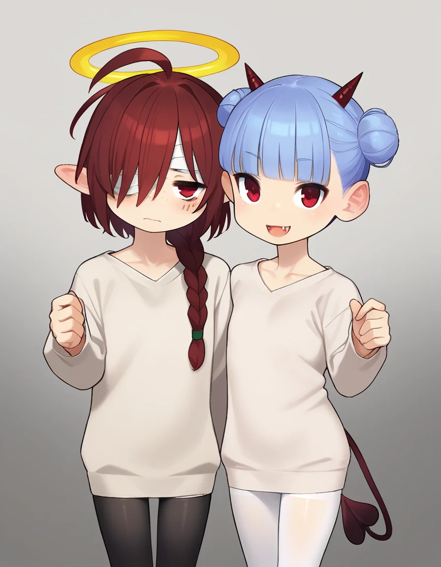 zPDXL, score_9, score_8_up, score_7_up, source_anime, (portrait), <lora:Yomu_v1:1> y0mu, 2girls, multiple girls, <lora:Nullantwins:0.8>, baggy clothes, sweater, sweater dress,
Lynn, red hair, red eyes, (bandage over one eye, hair over one eye), braided ponytail, halo, freckles, bags under eyes, jitome, ahoge, pointed ears, flat chest, black pantyhose,
Zhuu, blue hair, red eyes, pointy ears, fangs, large fangs, red horns, demon tail, flat chest, (double bun), white pantyhose,