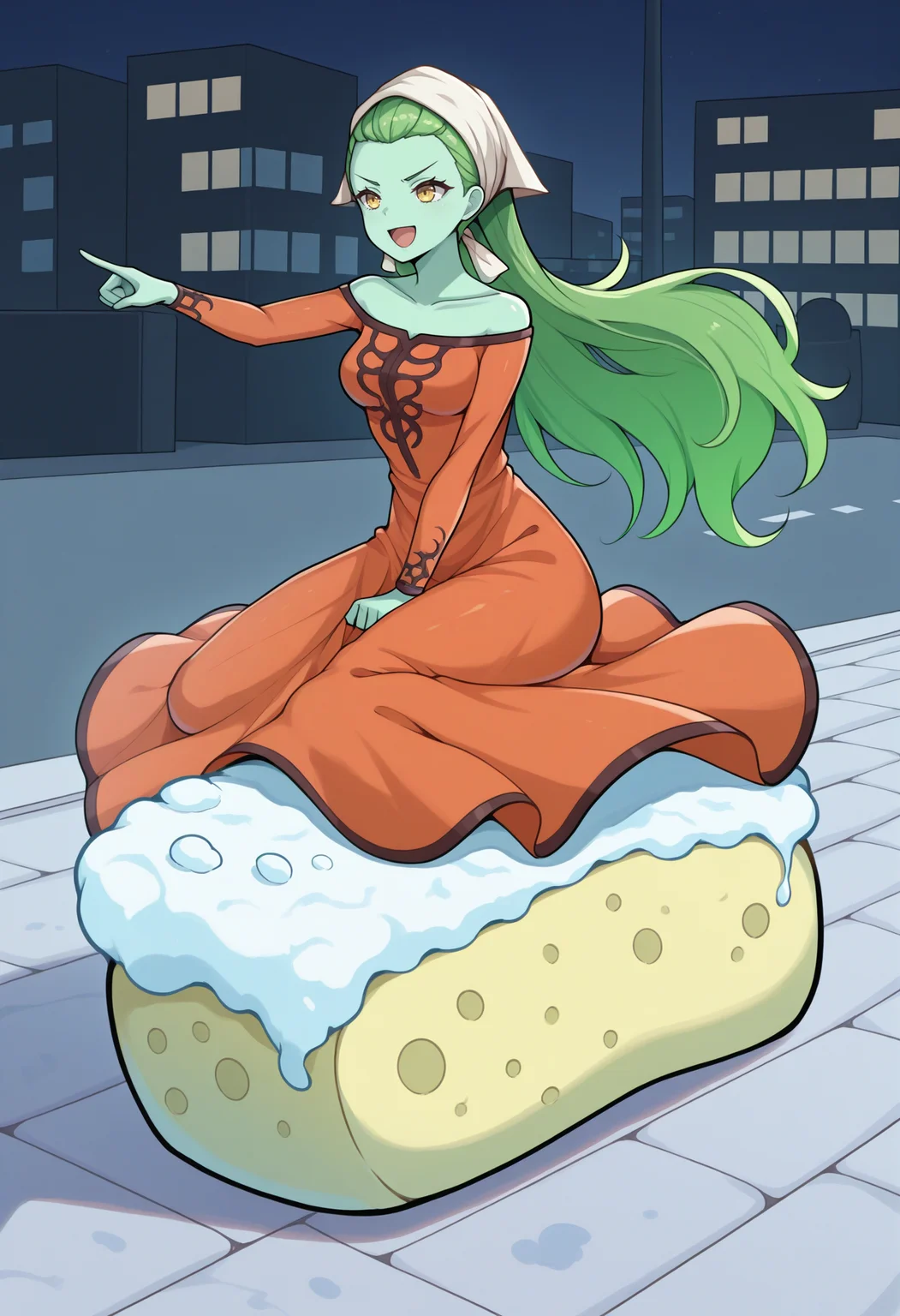 masterpiece, best quality, 1girl, wariza, riding oversized sponge, pointing forward, wide shot, looking afar, open mouth, smile, v-shaped eyebrows, speed lines, <lora:SilkySMT-illu:1> slkSMT, green hair, long hair, headscarf, hair pulled back, green skin, yellow eyes, orange dress, off-shoulder dress, medium breasts, long dress, no feet, collarbone, long sleeves, soap bubbles, street, city