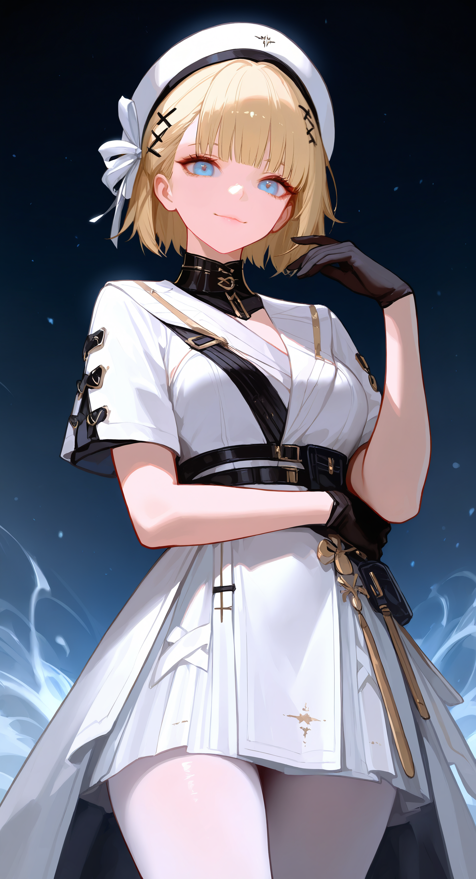 masterpiece, best quality, good quality, very aesthetic, absurdres, newest, phoebe (wuthering waves), wuthering waves, 1girl, arm across waist, black collar, black gloves, blonde hair, blue eyes, breasts, closed mouth, collar, cowboy shot, dress, gloves, hair ornament, hand up, hat, light smile, looking at viewer, medium breasts, pantyhose, solo, white dress, white hat, white pantyhose, x hair ornament, <lora:ponyv5_noobV065S_1_adamW-000013:0.7> <lora:USNR_STYLE_XL_lokr:0.45>