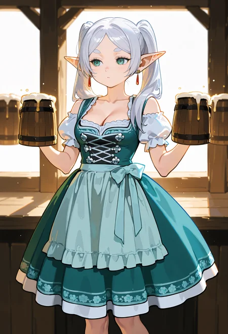 1girl, solo, dirndl dress,apron,puffy short sleeves, frieren,beer mug,