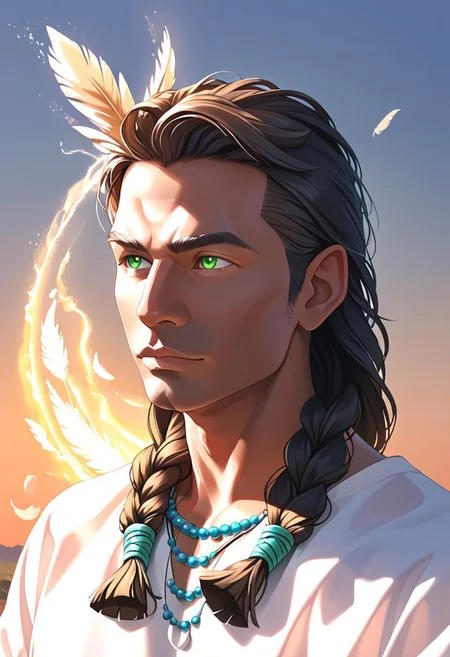 score_9, score_8_up, score_7_up, close up,  <lora:neonifr:0.8> dispersion effect, wind energy, green light aura, fragments dispersing, radiating air flow, glowing, luminous, wind-like texture, tornado, neonifr
BREAK
adult male Native American. Handsome men, tan skin. Bright green-hazel eyes. Very long black hair, multiple braids with feathers and beads. Boho braids. Sci-Fi native american clothes. 
BREAK, full body portrait, looking at camera, photorealism,