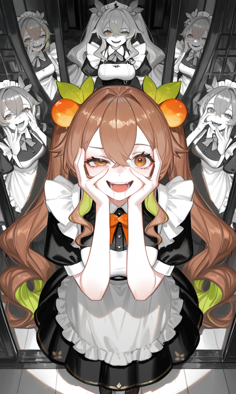 masterpiece,best quality,absurdres,very aesthetic,very awa,highres,newest,year 2024,year 2023,<lora:xmc_v0.3_noobai_cwhj_946906:0.8>,<lora:illustrious_best_quality_v1_1021798:0.8>,<lora:add-detail-xl:0.9>,<lora:Periru_Vtuber_1503428:0.7>,PeriruILXL,virtual youtuber,multicolored hair,brown hair,green hair,hair ornament,food-themed hair ornament,brown eyes,hair between eyes,detailed,best eyes,best hands,(varied sexual poses:1.3),very long hair,
masterpiece,best quality,amazing quality,very aesthetic,anke,ciloranko,reoen,akizero1510,soono (rlagpfl),1girl,solo,standing,Hands on the face peeking through fingers,looking at viewer,from above,maid,open mouth,saliva,crazy smile,uneven eyes,(multiple_monochrome:1.2, black_white),grayscale,pale_skin,faux traditional media,watercolor,impasto,