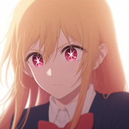 detailed, sinfully stylish, dramatic lighting, long shadows, soft light, anime, 1girl, Ruby, blonde hair, red eyes, star eyes, school uniform