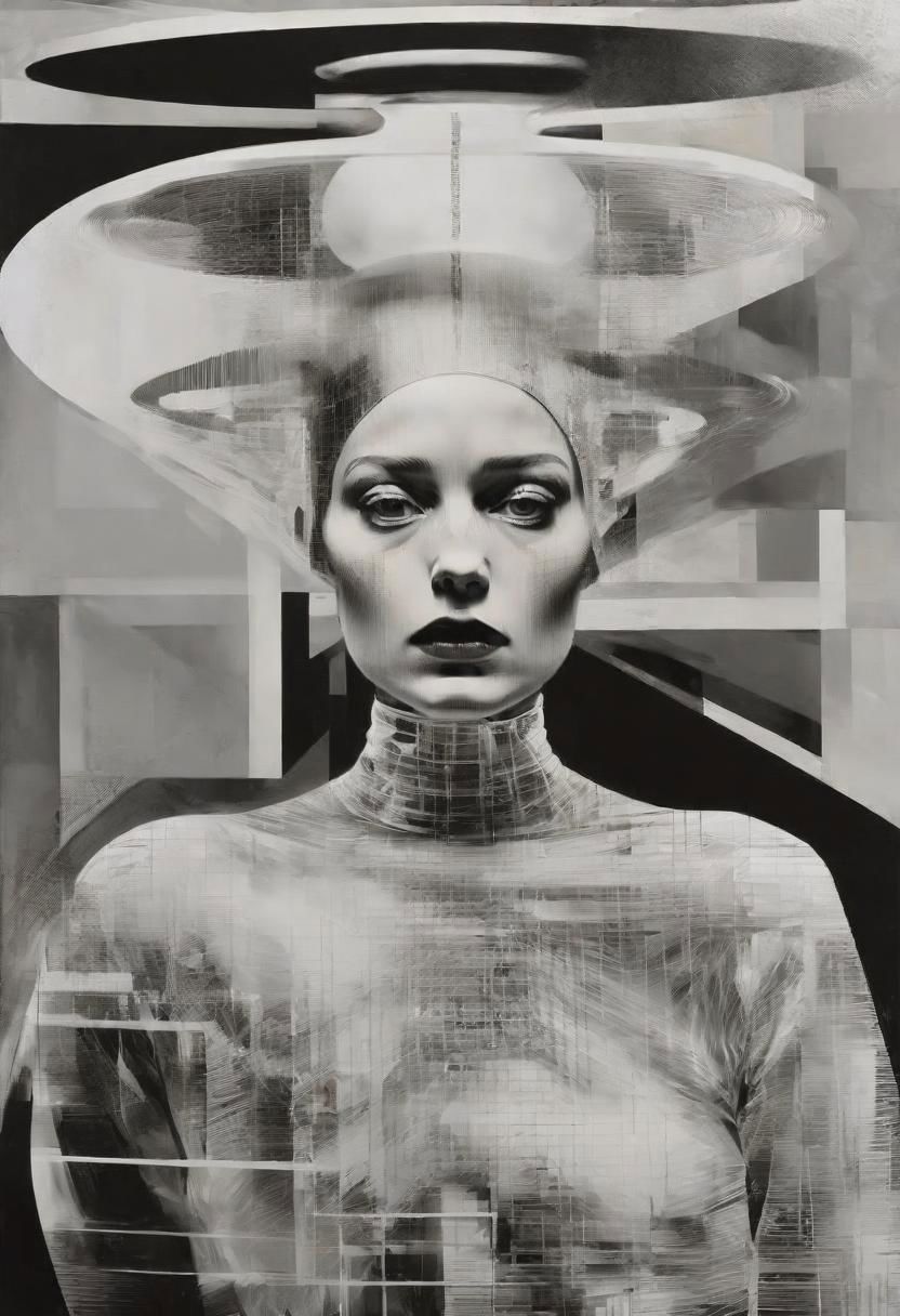 Monochrome black and white, Dali, Magritte, Delvaux, Bellmer, Malevitch, Rodchenko, Mondrian, Kandinsky, Popovna, psychedelic hallucination, pop surrealism, rough crosshatch drawing pop art Lunatic_Portrait of a young girl in latex, slick back, low bun, black makeup, sinister expression, intense glare, avant-garde, abstract, weird, geometric, constructivism, suprematism, rayonism, verticism, lineism, tj