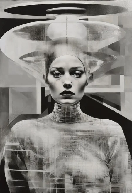 Monochrome black and white, Dali, Magritte, Delvaux, Bellmer, Malevitch, Rodchenko, Mondrian, Kandinsky, Popovna, psychedelic hallucination, pop surrealism, rough crosshatch drawing pop art Lunatic_Portrait of a young girl in latex, slick back, low bun, black makeup, sinister expression, intense glare, avant-garde, abstract, weird, geometric, constructivism, suprematism, rayonism, verticism, lineism, tj