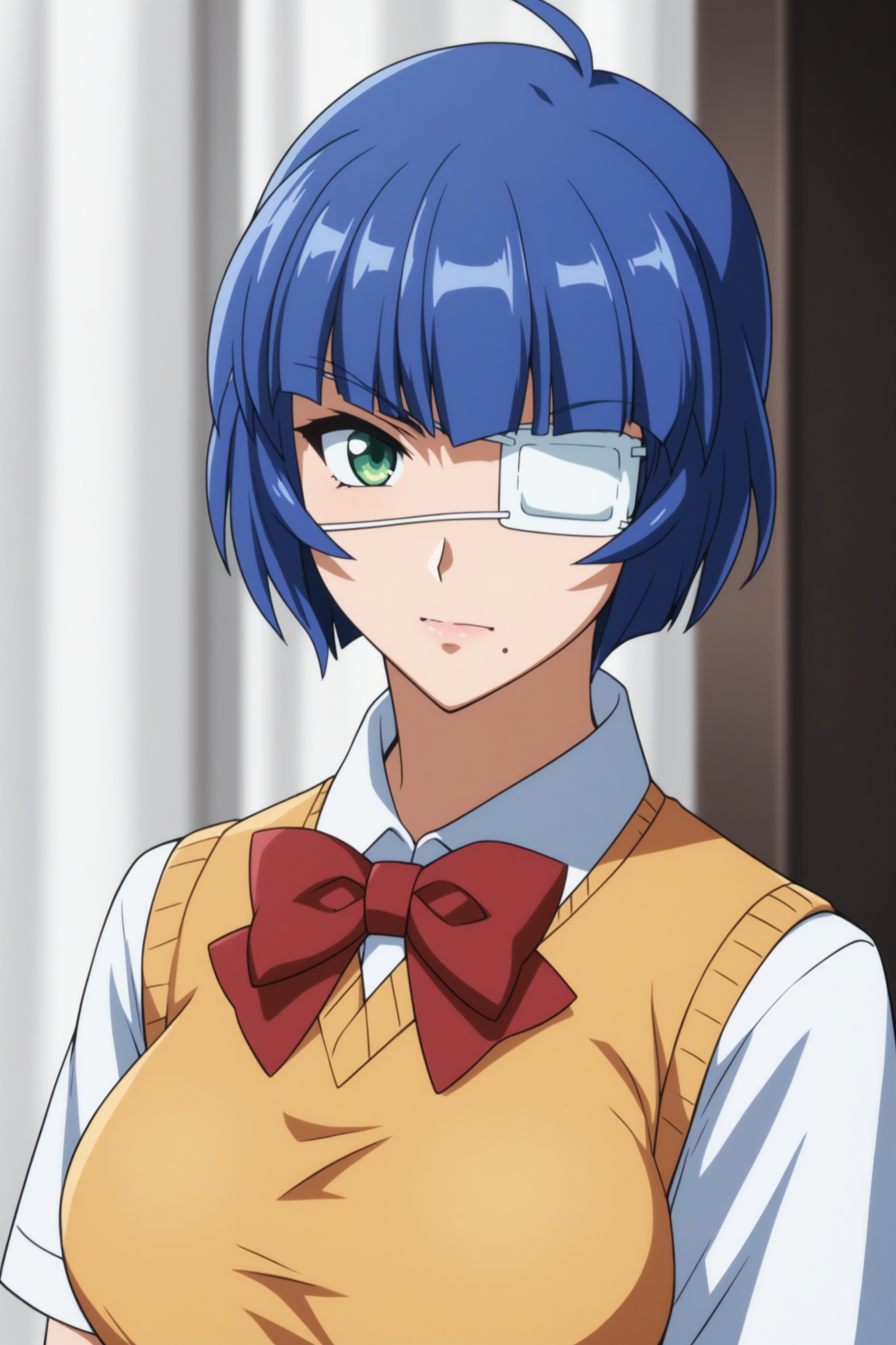 score_9, score_8_up, score_7_up, score_6_up, score_5_up, source_anime, rating_safe, medium breasts, indoors, 1girl, solo, looking at viewer, <lora:age_slider_v4:3>, (upper body:1.2), (dynamic pose:1.2), ryomou shimei, blue hair, short hair, green eyes, eyepatch, Ryomouschool, short sleeves, white shirt, collared shirt, red bowtie, yellow sweater vest, blue gloves, red skirt, pleated skirt, blue kneehighs, striped socks, black boots, <lora:Shimei_Ryomou:0.8>