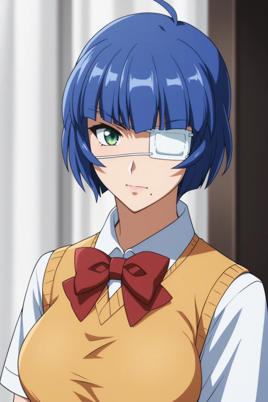 score_9, score_8_up, score_7_up, score_6_up, score_5_up, source_anime, rating_safe, medium breasts, indoors, 1girl, solo, looking at viewer, <lora:age_slider_v4:3>, (upper body:1.2), (dynamic pose:1.2), ryomou shimei, blue hair, short hair, green eyes, eyepatch, Ryomouschool, short sleeves, white shirt, collared shirt, red bowtie, yellow sweater vest, blue gloves, red skirt, pleated skirt, blue kneehighs, striped socks, black boots, <lora:Shimei_Ryomou:0.8>