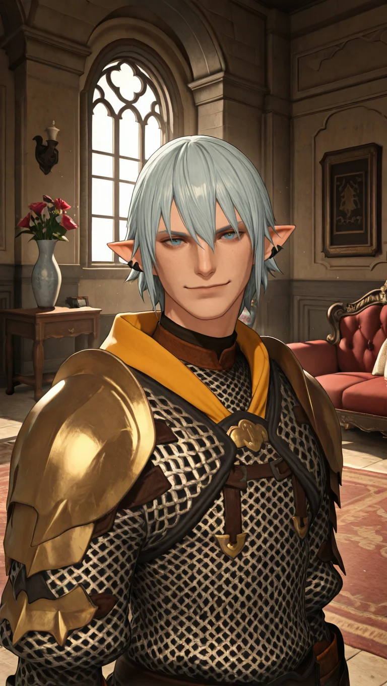 masterpiece,best quality,absurdres,newest,perfect quality,best quality,absolutely eye-catching,detailed background,male focus,solo,realistic,<lora:FFXIV - Haurchefant Greystone - Illustrious-000006:0.7>,hgreystone,1boy,adult male,elezen,pointy ears,silver blue hair,short hair,blue eyes,ear cuffs,chainmail armor,indoors,manor,sofa,looking at viewer,head tilt,vase,flowers,chairs,windows,rug,smile,portrait,