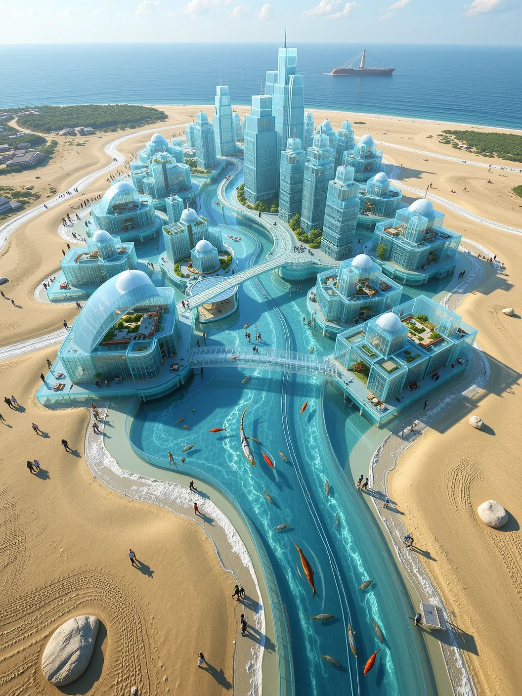 Tidal city made of glass. A city that rises and falls with the tides, buildings built on transparent platforms that reflect the ocean below. During high tide, the city floats, and water flows freely through its glass streets and plazas. During low tide, the city lowers into the sand, the glass structures glittering under the sun. Fish swim through the glass canals, and people walk along elevated pathways, the city reflecting the sky and sea, creating a shimmering, fluid environment.