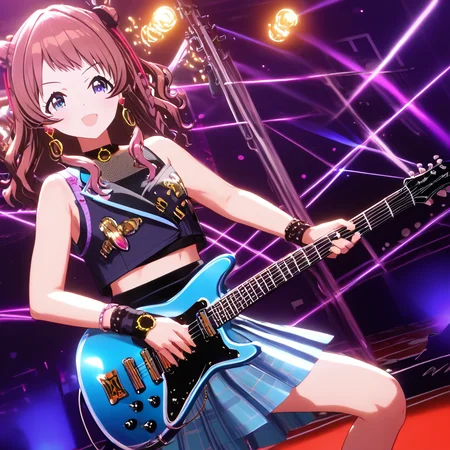 1girl, ((cinematic light)), ultra-detailed,colorful, hyper detail, dramatic light, intricate details, best quality, (detailed background:1.4), (hyper detail,beautiful detailed face, beautiful detailed eyes), high contrast, (best illumination, an extremely delicate and beautiful),(girl:1.5), solo, electric guitar, guitar, headphones, holding, holding plectrum, instrument,music, one side up,shiny skin, girl playing an electric guitar,singing with a guitar on stage,stage lights,masterpiece, pleated skirt,miniskirt plaid skirt ,black Over the Knee, indoors ((caustic)), dynamic angle,beautiful detailed glow, one side up,solo focus, Gakuen Idolmaster,Hanami Saki, <lora:saki.pony:1>