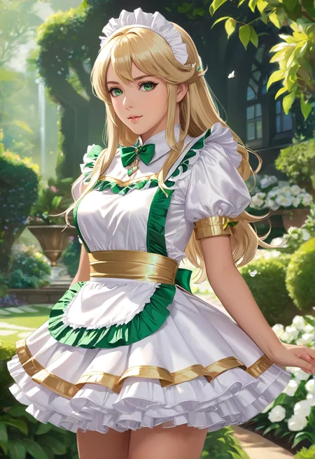 fantasy artwork of beautiful adult woman, Mythra \(xenoblade\), Bright blonde long hair, chest jewel, (white and gold) dress, glowing green trim accents, solo, shiny satin, standing, wearing dr3ss, maid outfit, short poofy voluminous skirt, frills, apron, headpiece, <lora:BSM5-39-SDXL:0.8>, full body, garden, outdoors, godrays