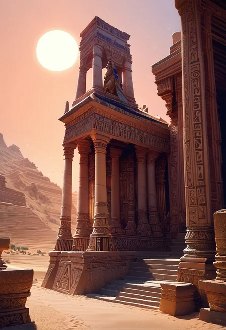score_9, score_8_up, score_7_up, masterpiece, landscape, sand, desert, Ancient Egyptian architecture, buildings, sun, epiCPhoto