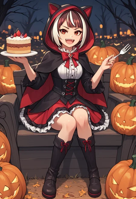 score_4,score_5,score_6,score_7_up,score_8_up,score_9
((masterpiece,best quality,ultra detailed,highres,HD,4k:1.2)),
1girl,solo,streaked hair,short hair,bob cut,bangs,multicolored hair,red and white hair,fang,teeth,brown Halloween, Halloween costumes, Little Red Riding Hood, frilly skirt, frilly shirt, Little Red Riding Hood outfit, boots, wearing a hood,
eating pumpkin cake, holding a fork, sitting on a chair,happy,smile,open mouth,