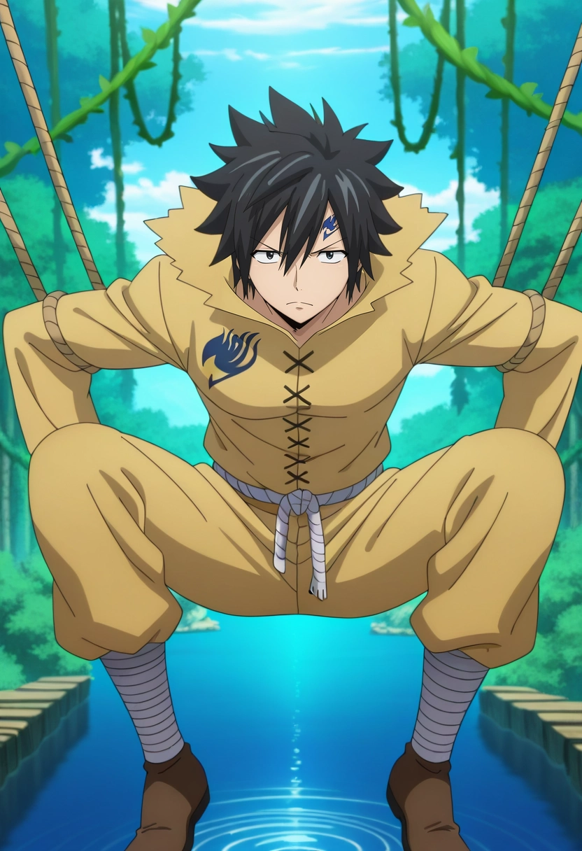 masterpiece, best quality, , anime screencap, , , looking at viewer, 1boy, solo, male focus, <lora:gray_fullbuster_ilxl:0.9>, gray_fullbuster, black hair, black eyes, spiked hair, hair between eyes, tattoo, , floating gardens, hanging vines, water features, rope bridges, balancing pose, focused expression, morning, scarecrow costume