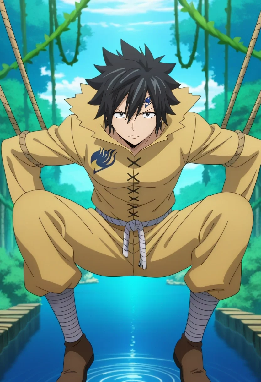 masterpiece, best quality, , anime screencap, , , looking at viewer, 1boy, solo, male focus, <lora:gray_fullbuster_ilxl:0.9>, gray_fullbuster, black hair, black eyes, spiked hair, hair between eyes, tattoo, , floating gardens, hanging vines, water features, rope bridges, balancing pose, focused expression, morning, scarecrow costume