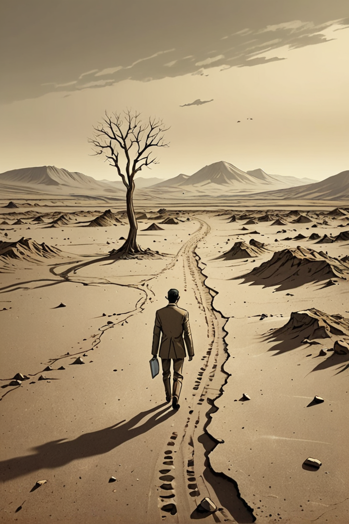 (absurd caricature), A solitary figure, wandering through a desolate landscape.