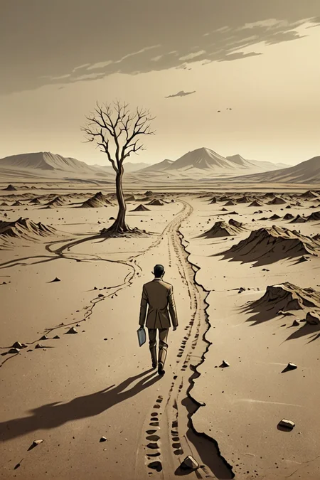 (absurd caricature), A solitary figure, wandering through a desolate landscape.