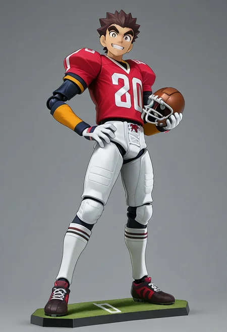 figma, figure anime style, PVC, Yaoi figure PVC, PVC boy, PVC texture, male, High Quality, perfect anatomy, HD, anime style, break
TAROU RAIMON, 1boy, solo, alone, brown hair, thick eyebrows, dark brown eyes, athletic build, smiling, posing, looking at viewer, football uniform, tight uniform, red and white uniform,