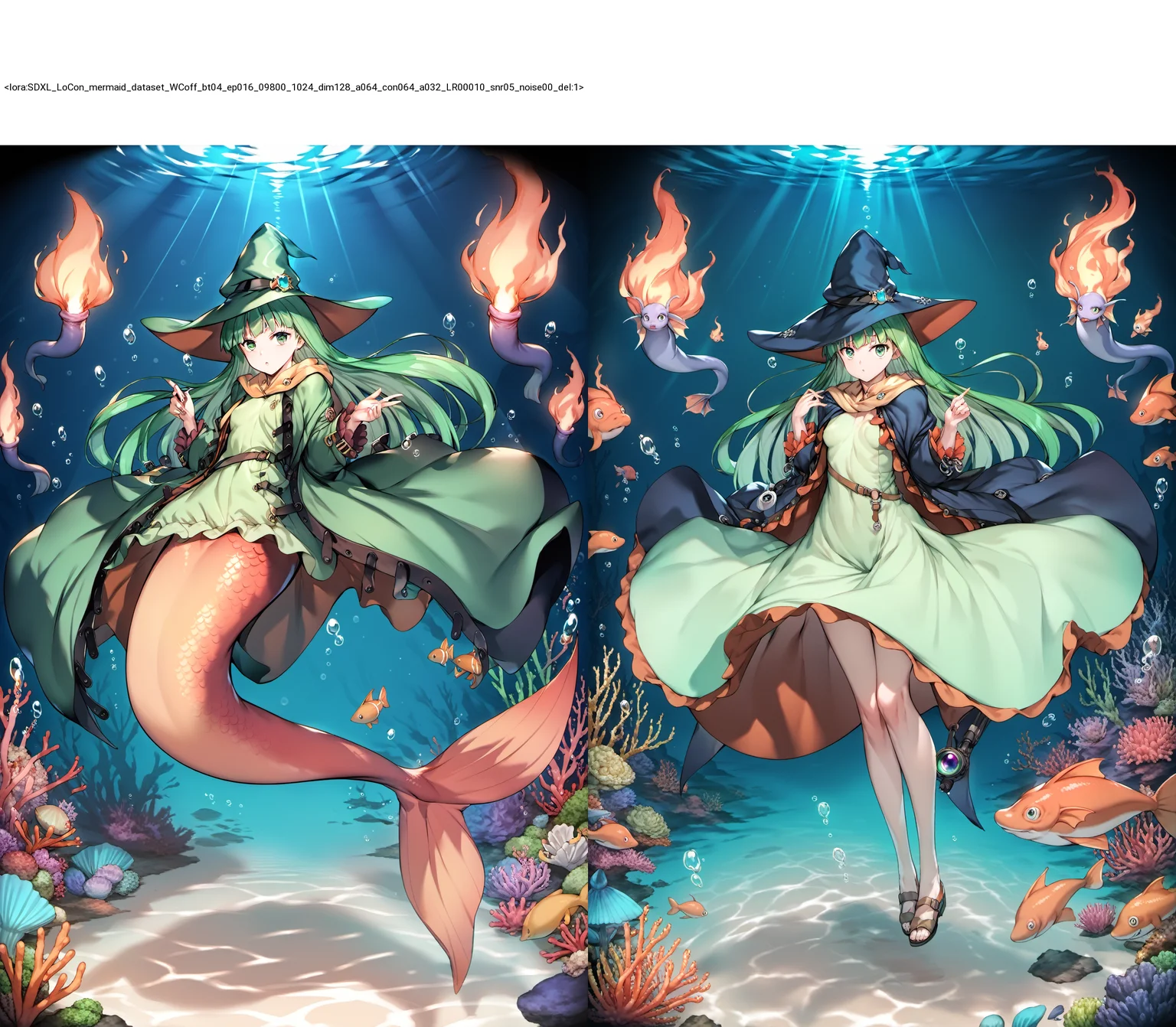 ((score_9, score_8_up, score_7_up, source_anime,
Masterpiece, best quality, illustration, high resolution, hyper detail, finely detailed, ultra-detailed),
8k, Wallpaper, grand, an extremely delicate and beautiful, anime, pixiv, colorful, distinct, bishoujo),
detailed cute anime face, perfect face, sharp
BREAK
<lora:SDXL_LoCon_mermaid_dataset_WCoff_bt04_ep016_09800_1024_dim128_a064_con064_a032_LR00010_snr05_noise00_del:1>,
Mermaid, monster_girl,
1girl, solo, full body, underwater,
<lora:ShizukaPony:1>,Shizuka_masou,green_eyes,long_green_hair,
witch_hat,cloak,long_sleeves,green_dress,belt,casting_spell,fire_spell