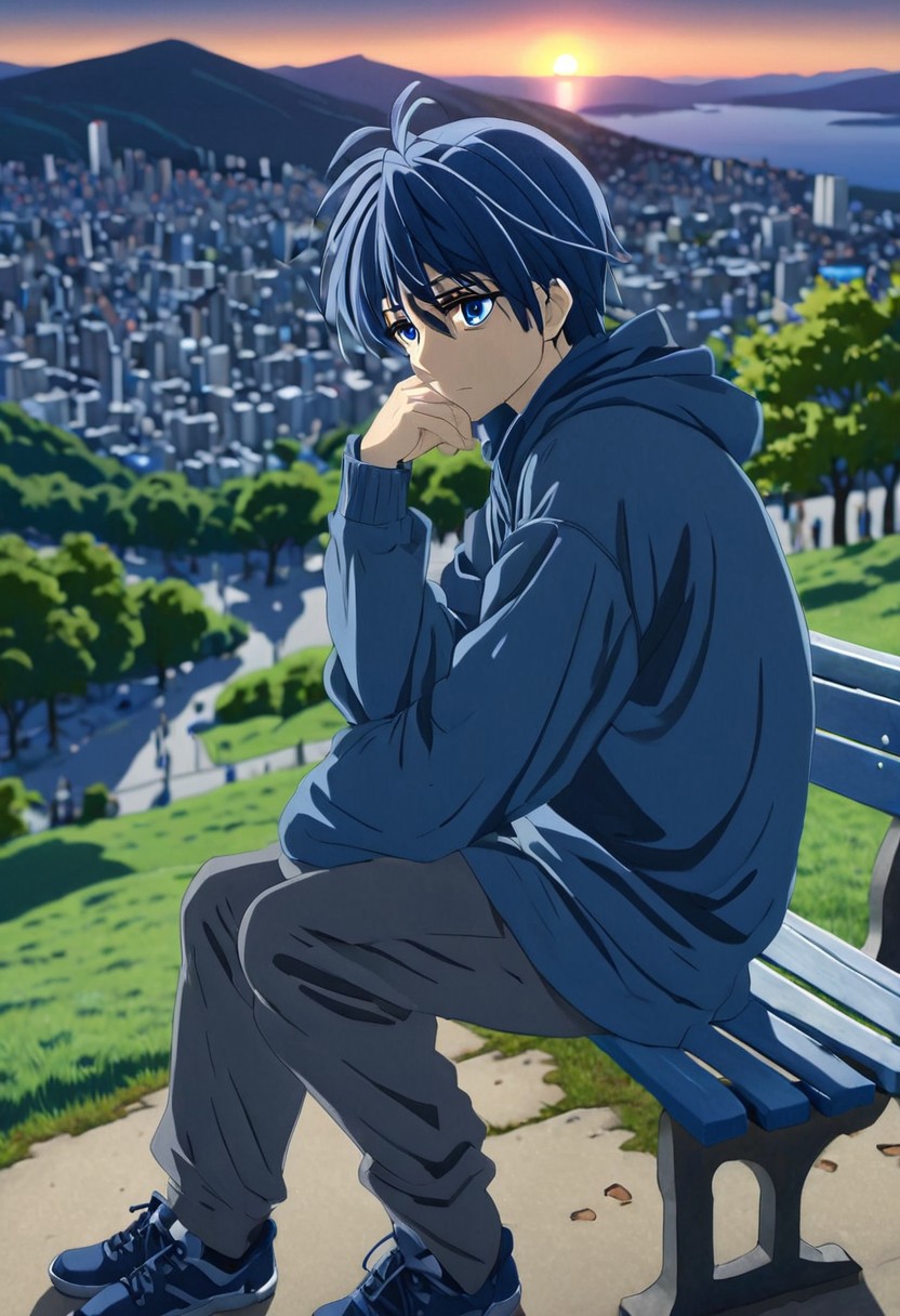 high resolution, solo, best quality, 1Boy, Tomoya Okazaki, Grey Blue Hair, blue eyes, Sad, Sit, hills, city, park bench, sunset, dramatic, clannad,