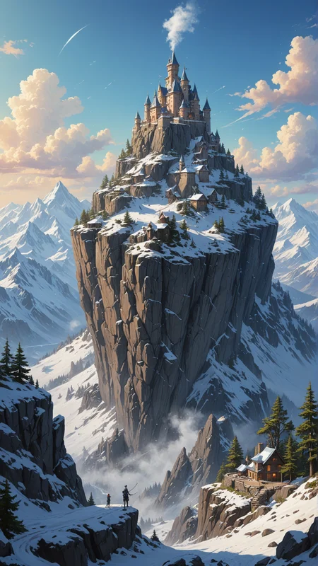 Digital painting, snowy mountain peak, grandiose, breathtaking view, steep cliffs, snow-covered rocks, clear blue sky, a teapot hovering in the air, singing, steamy melodies, vapor trails, whimsical, magical, fantasy, vibrant colors, glowing aura, high contrast, dramatic lighting, epic, fantasy landscape, detailed background, snow-capped peaks, clouds, awe-inspiring, majestic, enchanting, wondrous, fairy tale, illustration, artstation, concept art, wallpaper, splash art, promo art, beautiful, captivating, storytelling, capturing the imagination, inspiring <lora:add-detail-xl:1>, (Masterpiece:1.3) (best quality:1.2) (high quality:1.1)