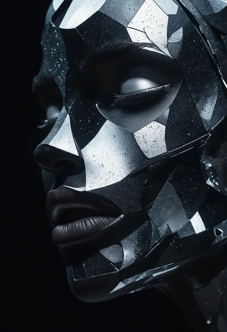 highly reflective, polished humanoid face, reflecting a cold, chrome-like texture, suggesting a blend of organic and machine elements in a monochromatic scheme, realistic, UHD, rich detail