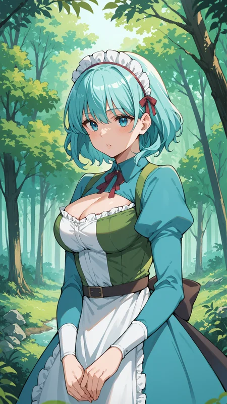 score_9,score_8_up,score_7_up,score_6_up, <lora:xl_more_art-full_v1:0.5>, source_anime, girl, <lora:Luria Aensland - Pony:0.8> aqua hair, medium hair, blue eyes, aqua maid dress, maid headdress, frills, apron, forest, oak forest, vegetation, outdoors, looking over her shoulder,