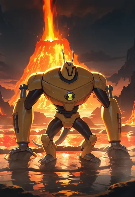 masterpiece, best quality, amazing quality, very aesthetic, absurdres, newest,, detailed background,
armadrillo, robot, claws, yellow armor, grey tail, antennae, no eyes, massive arms, yellow helmet, mecha, short legs,
volcano, lava pool, hands on rocks, onsen,reflective lava, arms rest