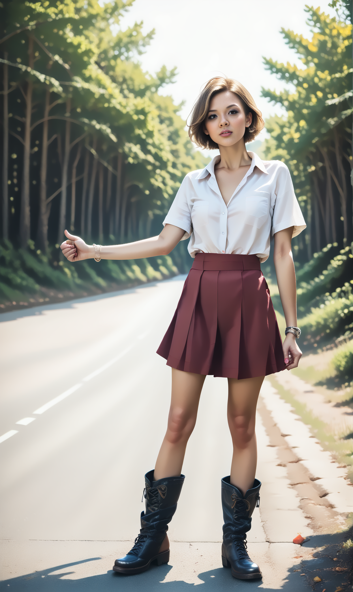 score_9, score_8_up, score_7_up, BREAK, hiHike, front view , (slim woman) standing at  road. The woman wears red short skirt and blouse, boots and has short blonde hair .
 <lora:HitchhikePony:1>