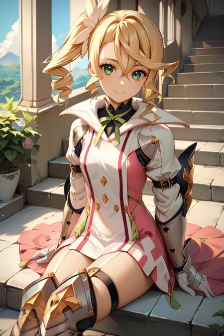 score_9, score_8_up, score_7_up, very aesthetic, source_anime, detailed, high quality, beautiful, masterpiece, detailed eyes,
indoor, stairs, light beams
<lora:lightXL:0.8>
sitting, looking at viewer, light smile,
adjusting footwear,
<lora:alisha_autismConfetti_v01:0.95> small breasts,
alisha diphda, blonde hair, dress, green eyes, side ponytail, hair between eyes, hair ornament, knee boots, greaves, thigh strap, white gloves, gauntlets, long sleeves,, zPDXL