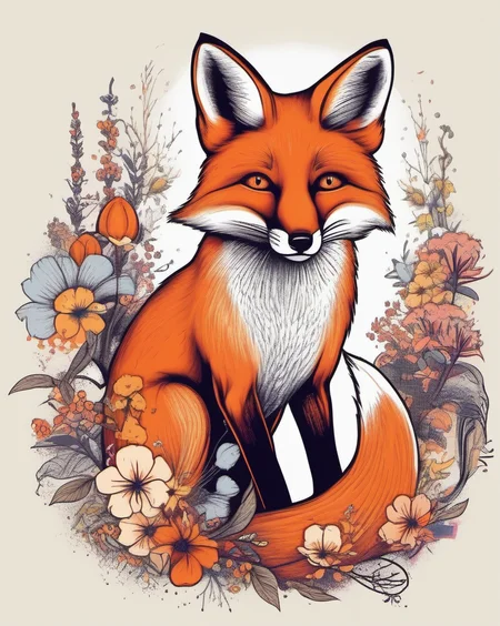 fox and flowers, t-shirt design <lora:last:1>