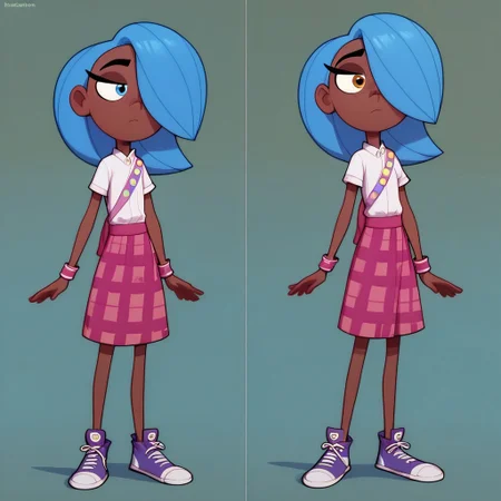 score_9, score_8_up, score_7_up, score_6_up, score_5_up, score_4_up, 1girl, solo,
Erin_Cc, brown skin, one amber eye, one blue eye, medium length blue hair, hair covering one eye, black eyebrows, black eyelashes, Her nose is pointed and upturned, Scout uniform, white short-sleeved shirt, pink cuffs, pink sash with badges, pink flannel skirt, dark-purple and white sneakers