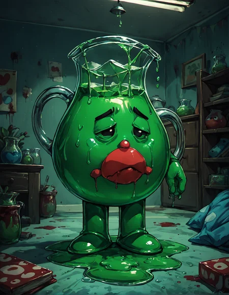 score_9, score_8_up, score_7_up,
k00l41d, mascot, anthropomorphic glass pitcher, filled with juice,  (green juice:1.2), sad, frowning, sick,
indoors, dark,
<lora:kool-aid_man-Pony-v3:0.85>