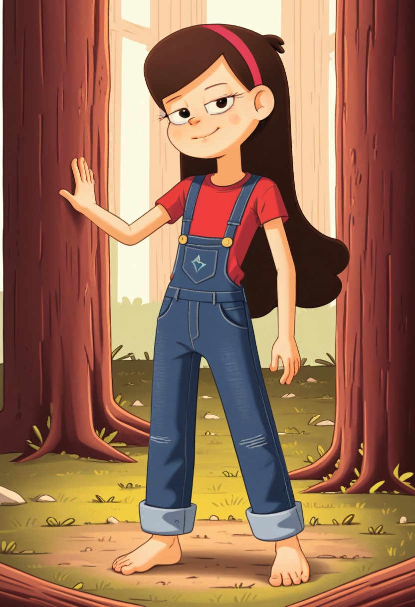 Well drawn, bold outline,
2d, vector, line, detailed, perfect hands,
gravity falls, mabel pines,
Long hair, brown hair, pink hairband, 
Shorty, skinny, undersized, thin, petite, flat chested, 
Half closed eyes,
brown eyes, eyelashes, snake eyes. 
Fit brawny body,
Muscular, 
denim overalls,
red sports top.,
barefoot, on tiptoes, parted legs, shacking ass dance, strip tease dance,