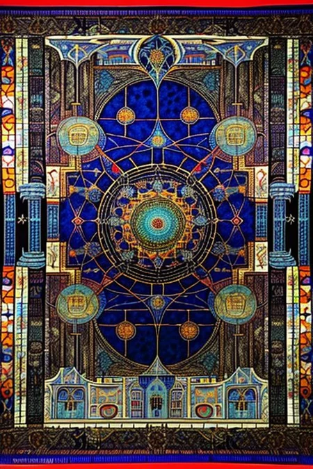 Abstract Tabriz rug in Daniel Richter + Piet Mondrian style, transgressive vision, metallic industrial paint, opulent and fantastical imagery, mosaic purple halo, vivid hallucination, extremely bright, splendid, linear perspective, continuous immersive atmosphere, immersive art, mesmerizing perfection, crimson red, lapis lazuli blue, coffee brown, black corners, black frame, this piece should reflect the diverse aesthetics of the artists in the collective: Raqib Shaw + Daniel Richter + Piet Mondrian, ths_tapestry, FixedStars, pureerosface_v1