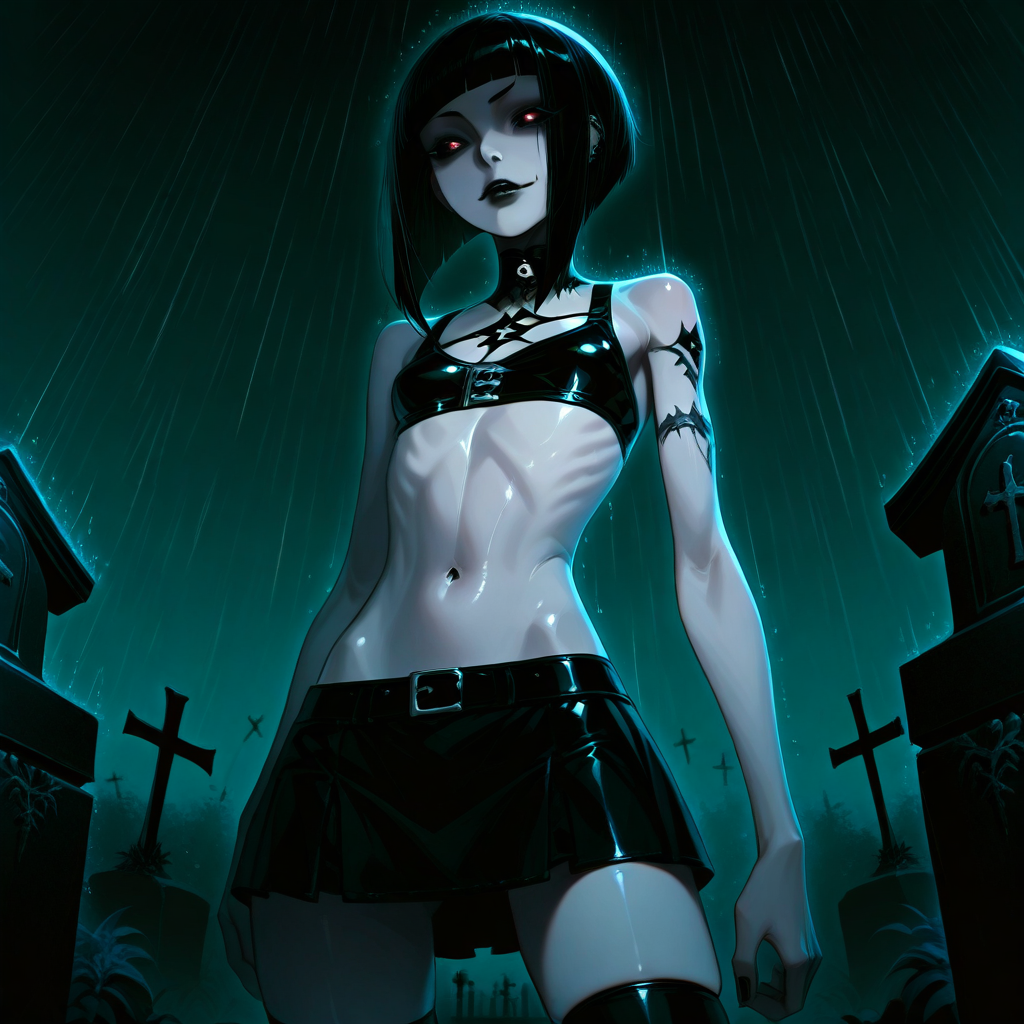 SadisTrix, inverted bob hair, black hair, pale skin, skinny, arm tattoo, makeup, black lips, small breasts, gothic, absurdres, masterpiece, best quality, very aesthetic, HDR, 8K, ultra-detailed, anime, cemetery, from below, night, rain,