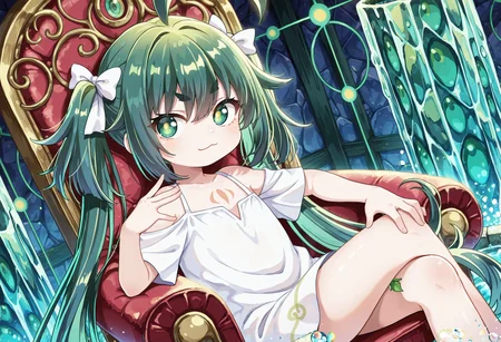 ultra-detailed, ultra-detailed background, ultra-detailed eyes, round face, cute, moe, 1girl, <lora:Mitama_IL:0.8> Mitama_(Kamikatsu), green eyes, yellow pupils, bright pupils, green hair, twintails, white bow, long hair, ahoge, flat chest, chest tattoo, white dress, ringed eyes, hair between eyes, v-shaped eyebrows, :3, closed mouth, (looking to the side, looking at viewer:1.1), sitting, on chair, size difference, huge chair, crossed legs, <lora:hand 5.5_903007:0>, well-defined fingers, ultra-detailed fingers, <lora:noobai_ep11_stabilizer_v0.96_fp16_1136146:0.4>, <lora:spo_sdxl_10ep_4k-data_lora_webui_482964:1>, <lora:Hyper-SDXL-8steps-lora:0.5>, <lora:add-detail-xl:1.5>, general, masterpiece, best quality, amazing quality, very aesthetic, absurdres,