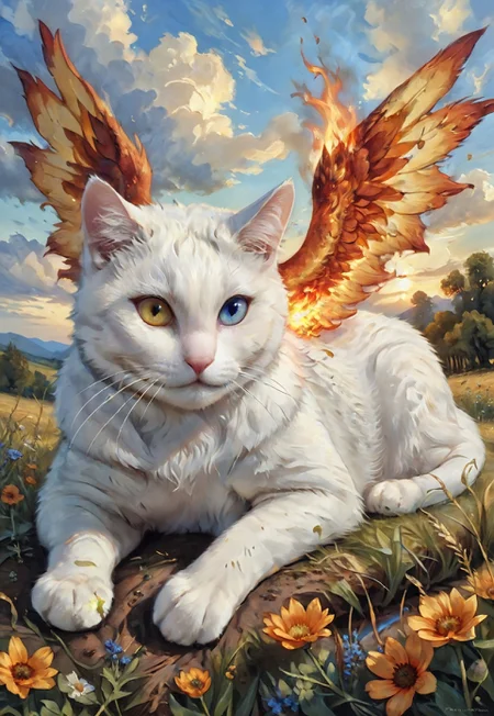 GrubCat, heterochromia, (masterpiece, best quality, stunning, highly detailed, close-up view of a cat with heterochromia, yellow and blue eye, cat with fiery wings, wings made of fire), summer meadow, nature photography, (intricate fur, detailed eyes), dramatic lighting, HDR, (mythical, fantasy), oil painting), <lora:add-detail-xl:-1>