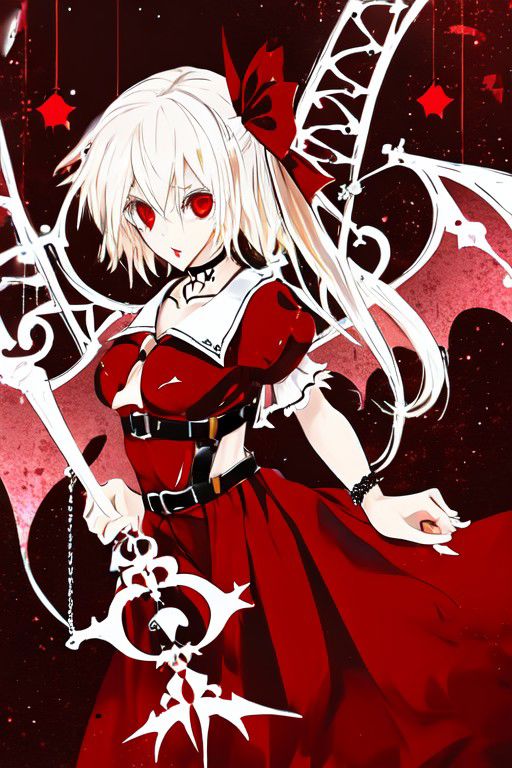 flandre_scarlet_(koumajou_densetsu), wh1te, wings, choker, white chain, bat wings, o-ring, garter belt, skull, harness, bondage harness, body harness, breasts,