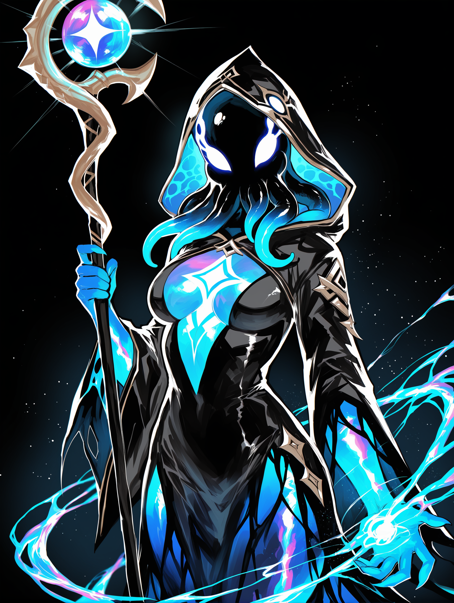 remsrar, yourfreakyneighbourh, teranen, (very awa, masterpiece, best quality:1.2), general, lineart:1.2, genshin impact, solo, 1girl, monster girl, Octopus girl, animal head, portrait, medium breasts, hooded robe, dress, holding weapon, staff, casting spell, hydrokinesis, symbiote, BREAK iridescent:1.2, 1r1d3sc3nc3,chromatic abberation, light particles, black background, (shiny, abstract:0.7), underlighting
,masterpiece,best quality,amazing quality,
