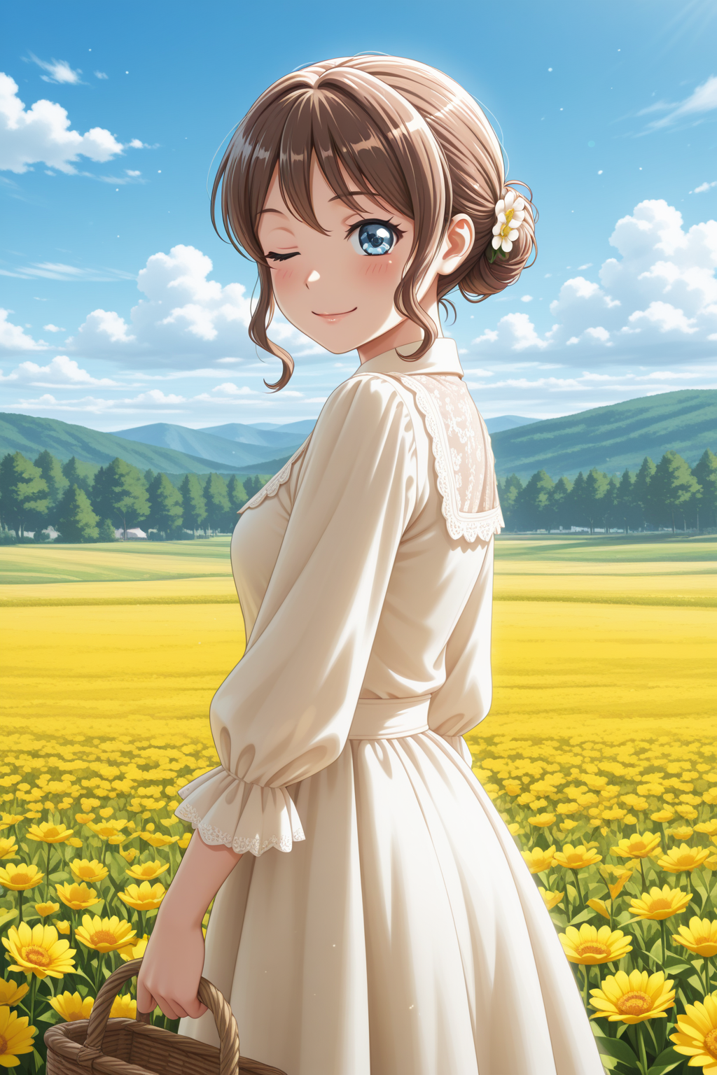 masterpiece, best quality, amazing quality, 1girl, solo, makeup, general, looking at viewer, blush, highres, cowboy shot, holding basket, outdoors, flower field, standing, looking back, one eye closed, cloudy sky, day, smile, <lora:Yamabuki_Saaya_Ban_Dori:1>, Yamabuki_Saaya_Ban_Dori, blue eyes, brown hair, short hair, single hair bun, bow, breasts, sidelocks, hair flower, white dress, frilled dress, puffy sleeves, <lora:wai-2Rectified-V140:1>, <lora:illustrious_noobai_epsilon_pred_1_masterpieces_v1:1>